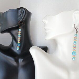 Handmade Rainbow Striped Earrings With Seafoam Blue Faux Pearls on Copper Hooks